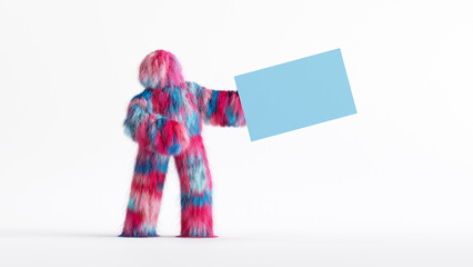 3d rendering, colorful furry Yeti cartoon character, funny hairy plush toy holds blank card mockup isolated on white background