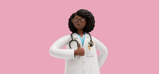 3d rendering. Black woman doctor shows thumb up. Like gesture. Therapist cartoon character, healthcare professional, isolated on pink background. Medical illustration