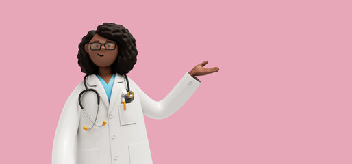 3d render. African woman doctor in glasses, hand gesture, healthcare professional. Black female cartoon character isolated on pink background. Medical presentation - obrazy, fototapety, plakaty