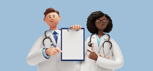 3d rendering, caucasian man doctor holds blank clipboard and african woman therapist in glasses. Medical colleagues hospital staff. Cartoon characters isolated on blue background