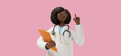 3d render. Black woman doctor holds clipboard and shows index finger up. Therapist cartoon character, healthcare professional, isolated on pink background. Medical solution concept