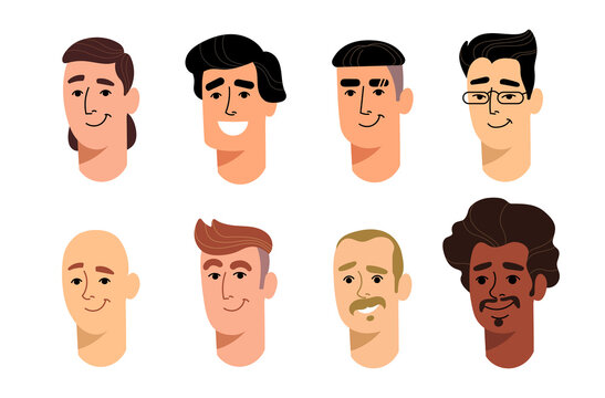 Set of colored male avatars in cartoon style for print and website design.Vector illustration.