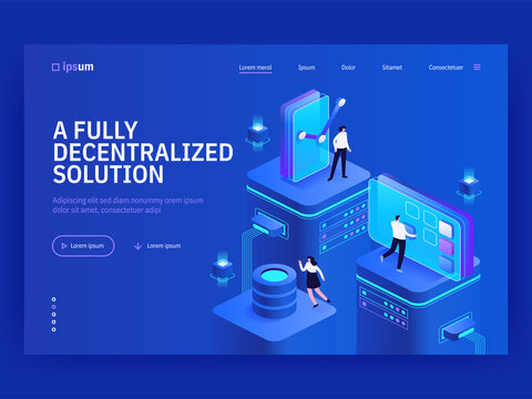 Fully decentralized solution isometric vector image on blue background. Cryptocurrency and blockchain technology. Financial system. Web banner with copy space for text. 3d components composition
