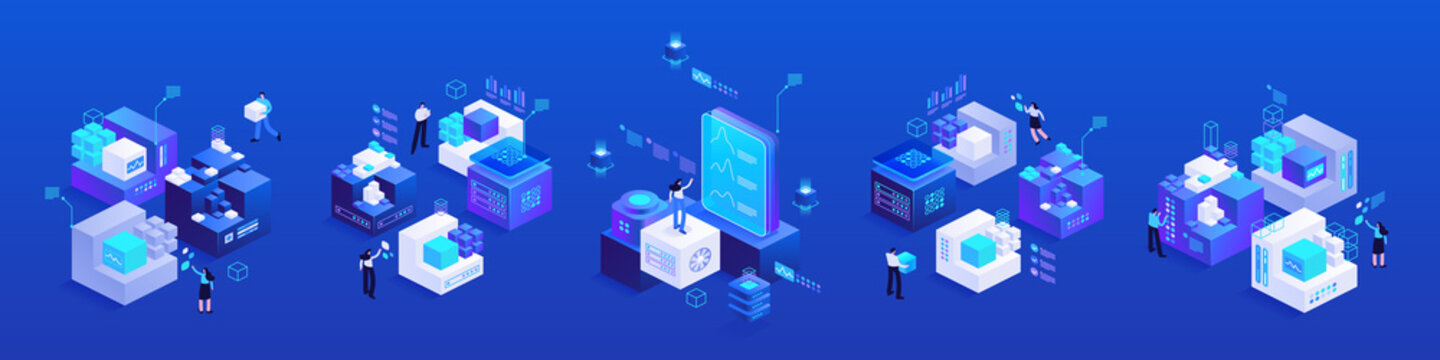 Digital technology in business and finances isometric vector images set on blue background. Cyberspace grounds. Blockchain facilities. Web banner with copy space for text. 3d components composition
