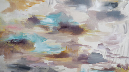 Modern art. Closeup view of an expressive painting with beautiful brushwork texture and colors. 