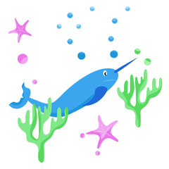 Vector illustration of narwhal, corals and starfish. isolated on white background. Graphic design for children.