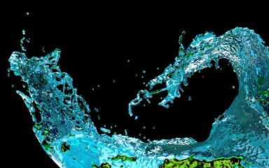Blue splashing wave on the black background