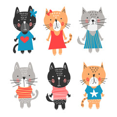 Cute and funny cats doodle vector set. Cartoon cat in clothes characters design collection with flat color . Set of purebred pet animals isolated on white background. EPS