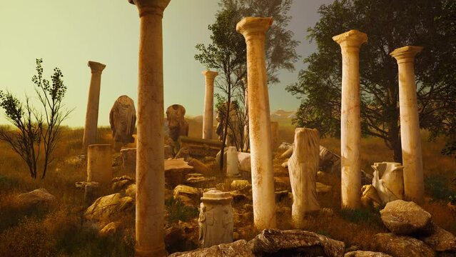 ancient roman ruins with broken statues