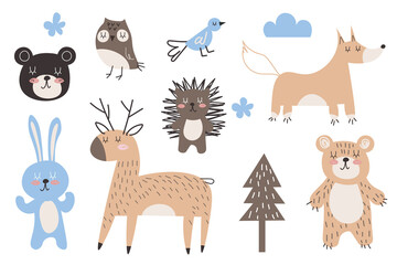 Cute wild animals clipart collection, isolated on white. Hand drawn vector illustration. Woodland elements set. Scandinavian style flat design. Concept for kids, textile print, poster, card EPS
