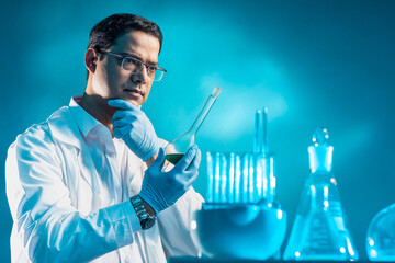 Man Chemist. Human in white coat thought. Chemist is holding flask with reagents. Guy in chemical...
