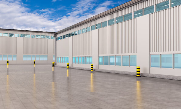 Exterior of warehouse buildings. Visualization of warehouses with ribbed facade. Warehouse buildings under blue sky. Spacious Concrete pad to front of buildings for storage. Storage company. 3d image