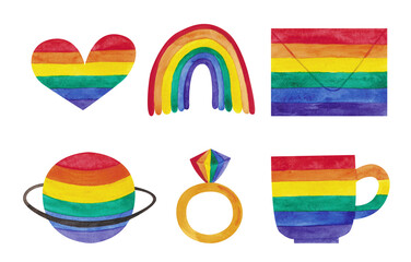 Pride stickers. Lgbt badges, lgbtq gays parade. Rainbow colours logos, romantic love different elements