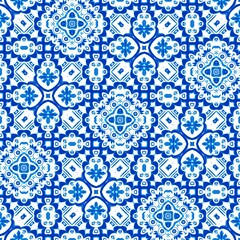 Blue white watercolor azulejos tile background. Seamless coastal geometric floral mosaic effect. Ornamental arabesque all over summer fashion damask repeat