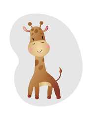Cartoon little giraffe character standing on an abstract gray background. Vector illustration for the design of T-shirts, prints, covers, graphics, posters.
