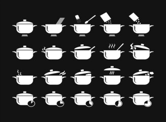 Cooking saucepans in the kitchen simple white icons set. 20 vector symbols on a black background. Steam pots, gas, timer, cooking process.