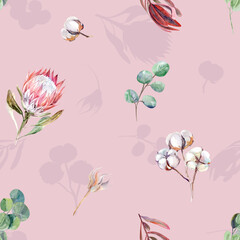 Fototapeta na wymiar Summer watercolor seamless pattern with dried protea flowers and eucalyptus in boho style on a pink background for textile and design