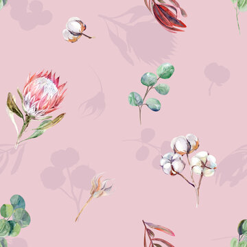 Summer watercolor seamless pattern with dried protea flowers and eucalyptus in boho style on a pink background for textile and design