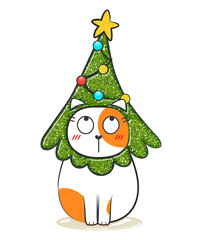Christmas glitter doodle fat cat. Stock illustration.