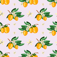 Tropical seamless pattern with yellow lemons on the blue background. Fruit repeated background. Vector bright print for fabric or wallpaper. Vector illustration