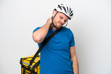 Young brazilian man with thermal backpack isolated on white background with neckache