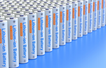 Rows of lithium-ion batteries - close-up with selective focus