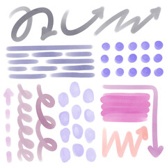 Various Doodle Sketch Arrows, Shape Direction Pointers and Objects. Freehand colored lines, curves, dots, spirals. Brush stroke style. Hand drawn abstract set