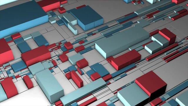 Abstract colorful geometric 3D rectangles, expanding surface. Motion. Many blocks of different size and colors.