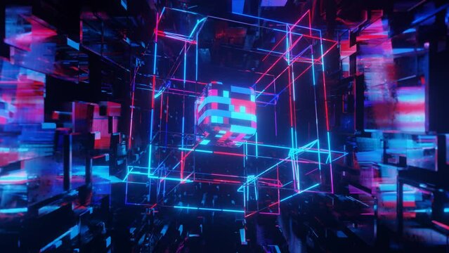 3d object or structure rotates and moves inside glass mirror tunnel with neon light, bright reflections. Cube structure. Fantastic abstract bg in 4k. Vj for show. Sci fi bg fly through hi tech tunnel
