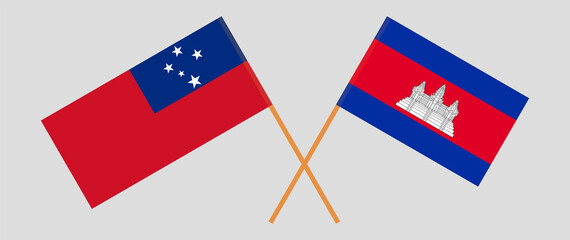 Crossed flags of Samoa and Cambodia. Official colors. Correct proportion