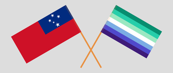 Crossed flags of Samoa and gay men pride. Official colors. Correct proportion