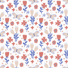 Seamless floral pattern in doodle style with flowers and leaves. Texture for wallpaper, fabric, wrapping paper.