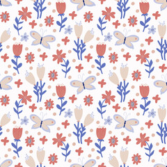 Seamless floral pattern in doodle style with flowers and leaves. Texture for wallpaper, fabric, wrapping paper.