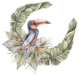 Watercolor tropical clipart. Composition with tropical leaves, toucan, flowers on white background. Can be used for greeting cards, wedding invitations, textile, fabric, poster, print, pattern.
