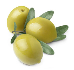 Delicious green olives with leaves, isolated on white background