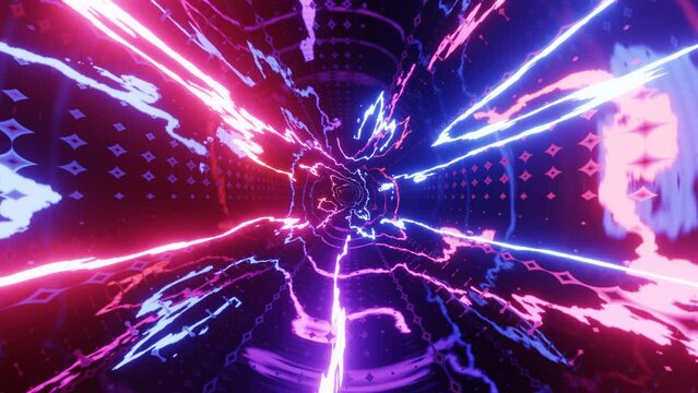 Hi-tech neon sci-fi tunel. Trendy neon glow lines form pattern and construction in mirror tunnel. Sci-fi pattern with glow frames. Fly through technology cyberspace. 3d looped seamless 4k bg.