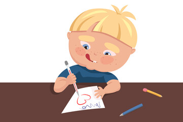 Vector boy in a blue t-shirt, blond with blue eyes, sits at a table, draws a heart on a piece of paper