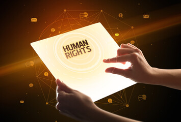 holding futuristic tablet, social media concept