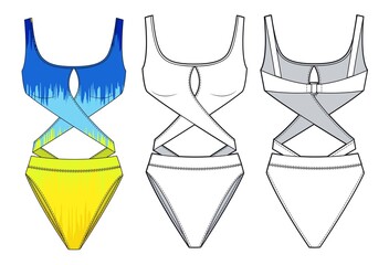 Girl's Swimsuit fashion design, yellow and blue mockup. Women Swimsuit fashion technical drawing template.  Sportswear fashion design.