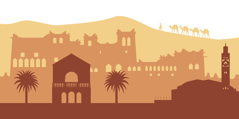 Silhouettes of Moroccan sightes. The Hassan II Mosque in Casablanca, The Menara Gardens in Marrakech, Kasbah Amahidil in Skoura, a man with camels in Erg Chebbi desert, Morocco. Vector illustration. - obrazy, fototapety, plakaty