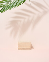 Wooden cube on a beige background with a shadow from a palm leaf. Stage for product demonstration