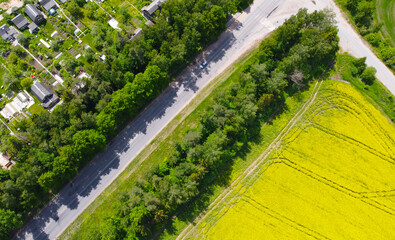 Aerial view of a rural road with fields of rapeseed and wheat