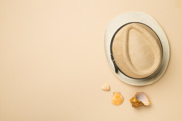 Wicker hat and seashells on color background, top view