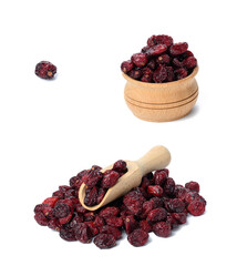 a bunch of dried cranberries in a wooden bowl on a white background. Delicious berry