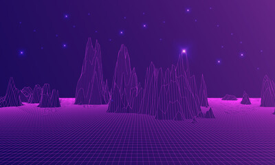 Technology background with 3D mountains landscape and stars. Digital world, virtual reality, cyberspace, metaverse concept. Vectorial illustration