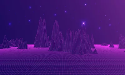 Cercles muraux Aubergine Arrière-plan technologique avec paysage de montagnes 3D et étoiles. Monde numérique, réalité virtuelle, cyberespace, concept de métaverse. Illustration vectorielle