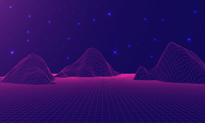 Vector illustrations of digital metaverse landscape with mountains, blue sky and stars in the background.