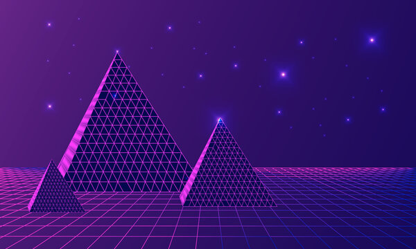 Virtual space with pyramids and stars background. Vector wire landscape, technology concept and futuristic space. Vector illustration.
