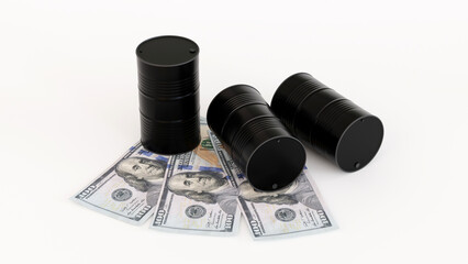 Oil barrels and dollar money banknote, oil market business, petroleum oil industry, 3D rendering.