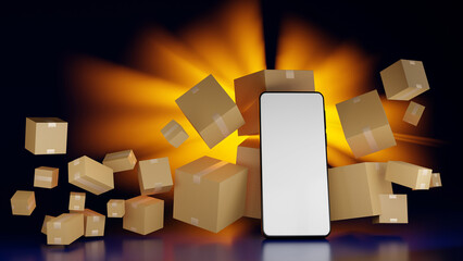 Mobile phone or smartphone with brown cardboard boxes parcel, online shopping concept, 3D rendering.